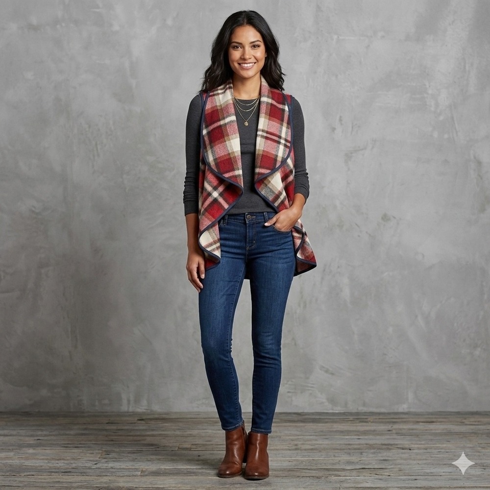 Altar'd State Womens Size Small Plaid Waterfall Vest Red Draped Open Front Boho